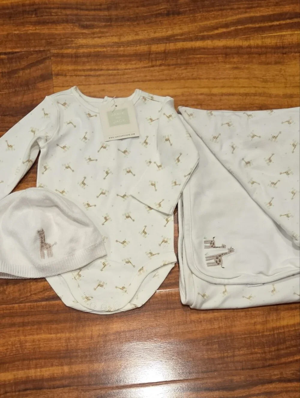 Janie and Jack NWT/GUC 0-3 Months Giraffe Bodysuit, Knit Hat, Reversible Blanket